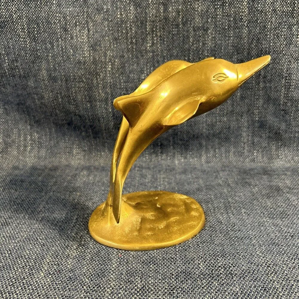 VTG brass dolphin pair leaping figure sculpture paperweight 5.5”